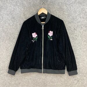 Stussy Black Velvet Bomber Jacket with Pink Floral Embroidery